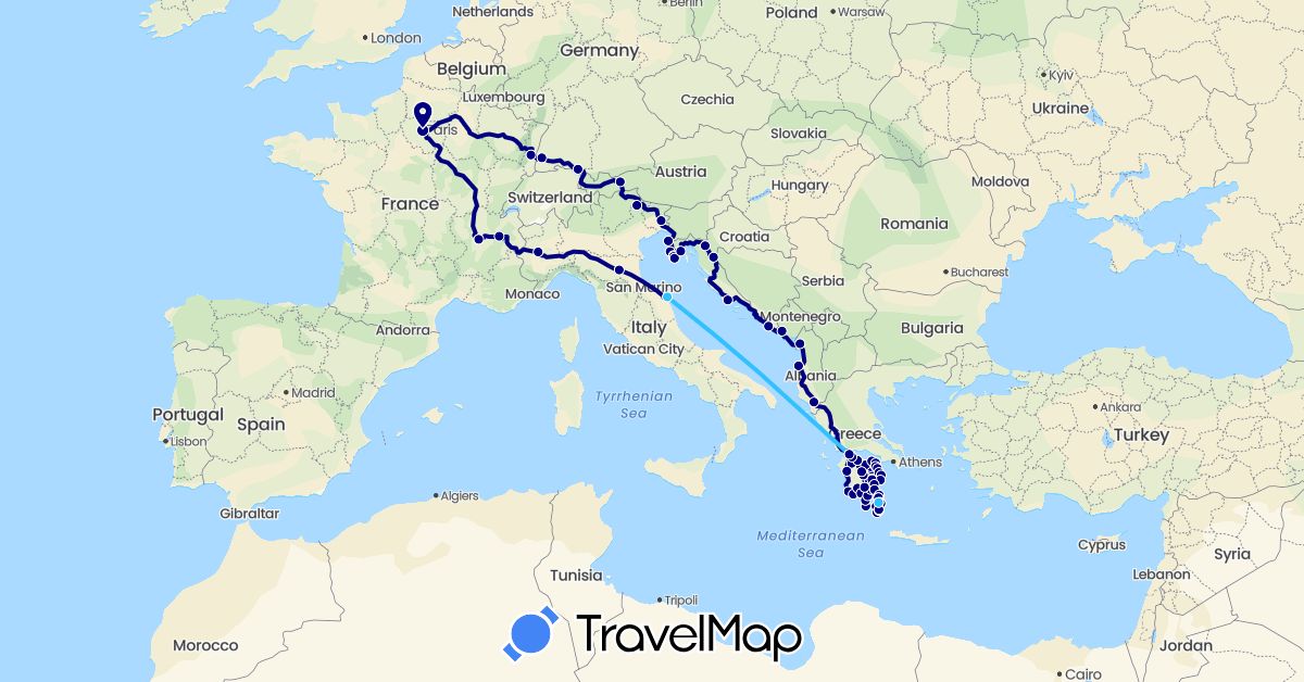 TravelMap itinerary: driving, boat in Albania, Austria, Germany, France, Greece, Croatia, Italy, Montenegro (Europe)