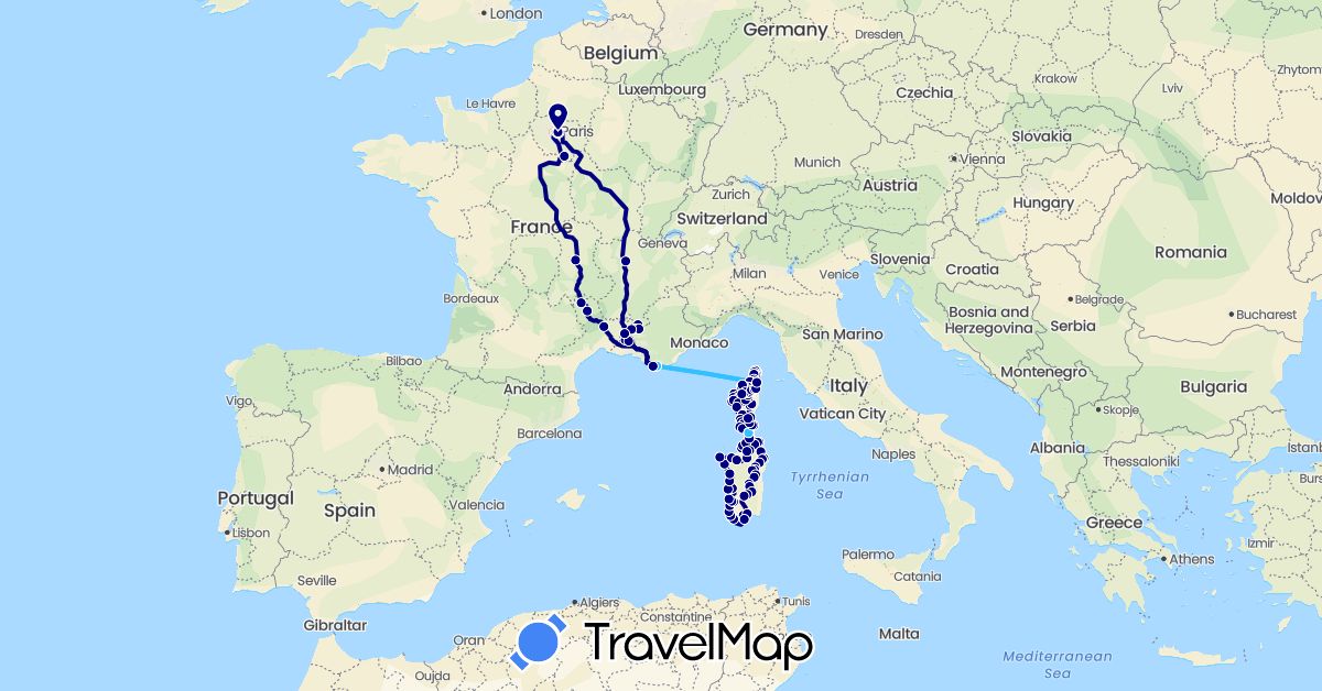 TravelMap itinerary: driving, hiking, boat in France, Italy (Europe)