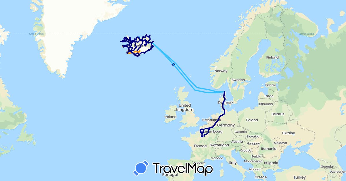 TravelMap itinerary: driving, boat, hitchhiking in Germany, Denmark, Faroe Islands, France, Iceland (Europe)