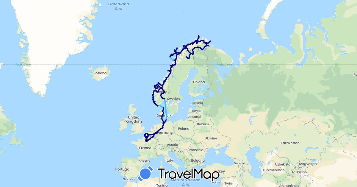TravelMap itinerary: driving, boat in Belgium, Germany, Denmark, France, Norway, Sweden (Europe)