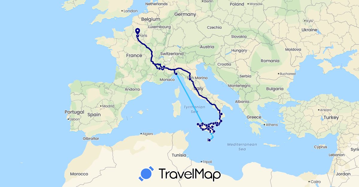 TravelMap itinerary: driving, boat in France, Italy, Malta (Europe)