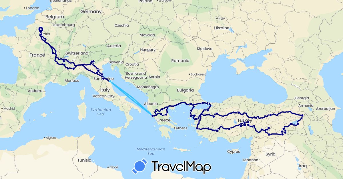 TravelMap itinerary: driving, boat in France, Greece, Italy, San Marino, Turkey (Asia, Europe)